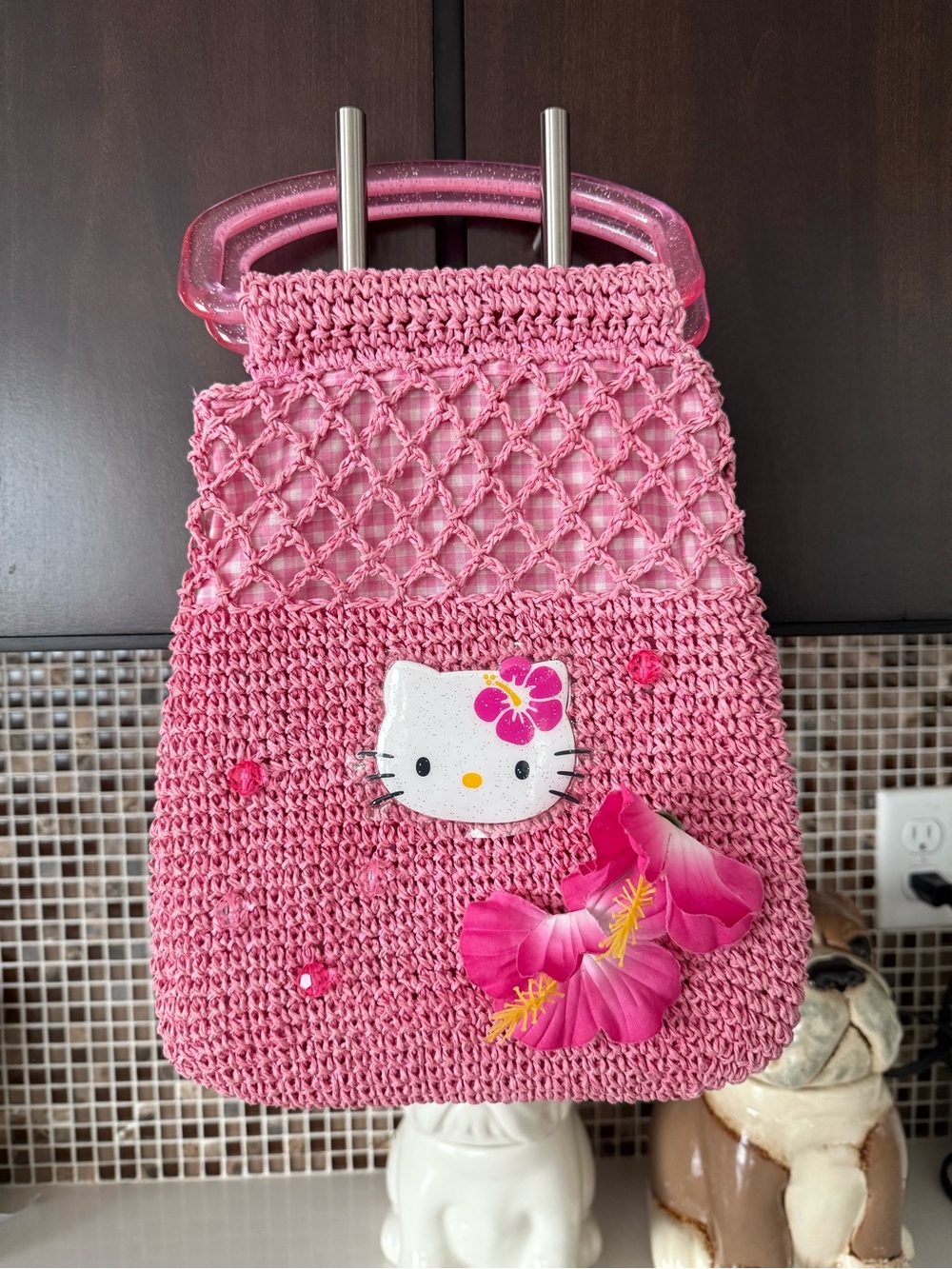 Hello Kitty Sanrio Smiles Vtg 2004 Y2K Tropical Handbag Authentic Pink Glittery